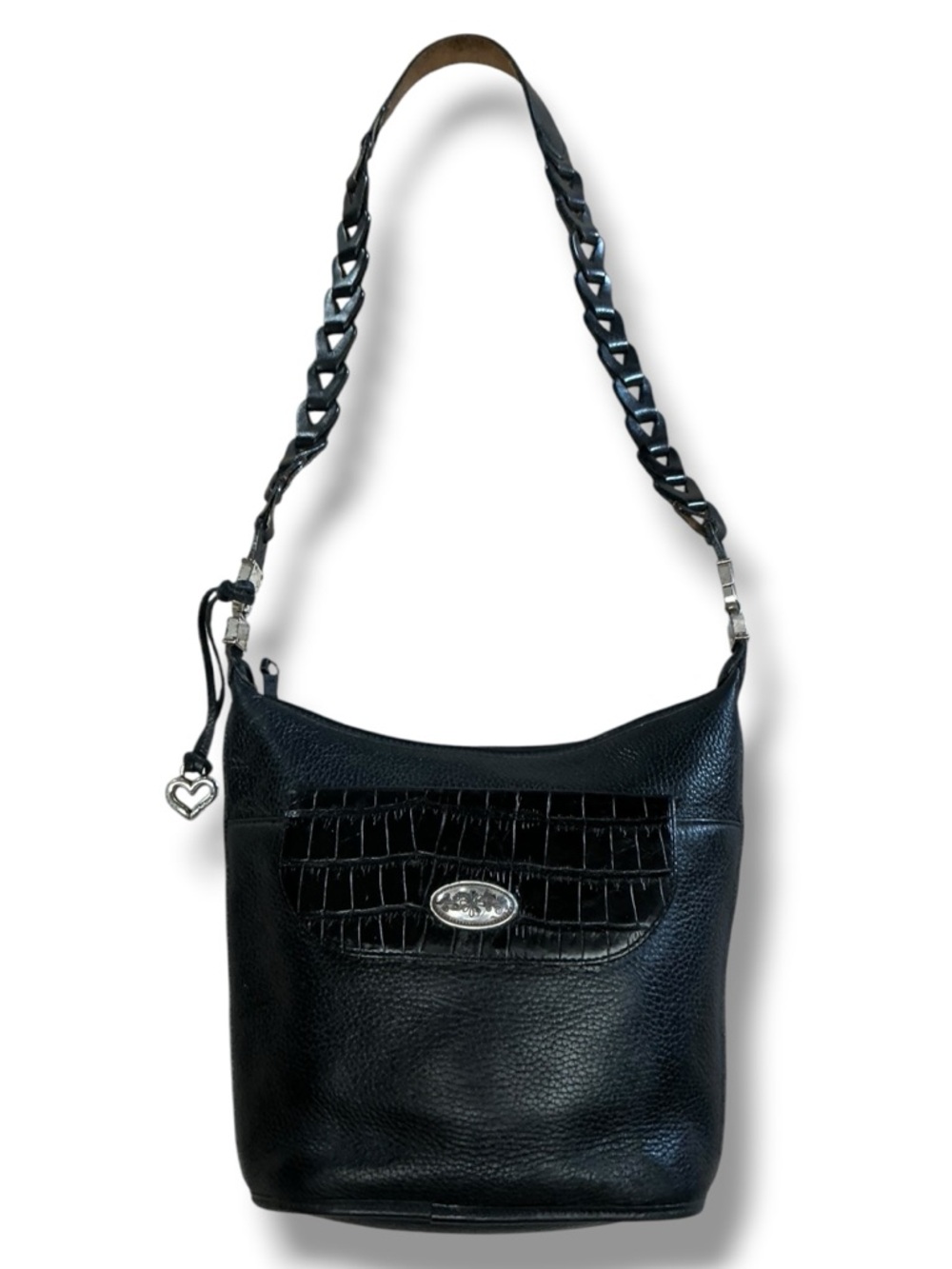 Brighton Black Pebble Leather Crossbody with Croc-Embossed Flap and Heart Charm